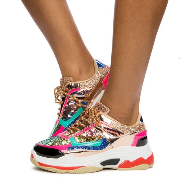 Colorblock Sequin Accent Lace Up Platform Sneaker - Picture 3 of 5